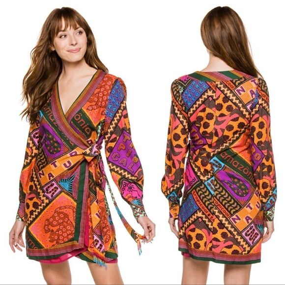 FARM RIO Dotted Patch Scarf Mini Wrap Dress Printed Multicolor - Picture 10 of 10